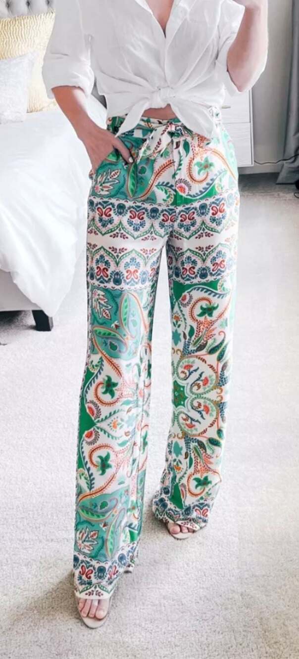 Rachel Zoe Multi-Color Paisley Print Wide-Leg Satin Pants